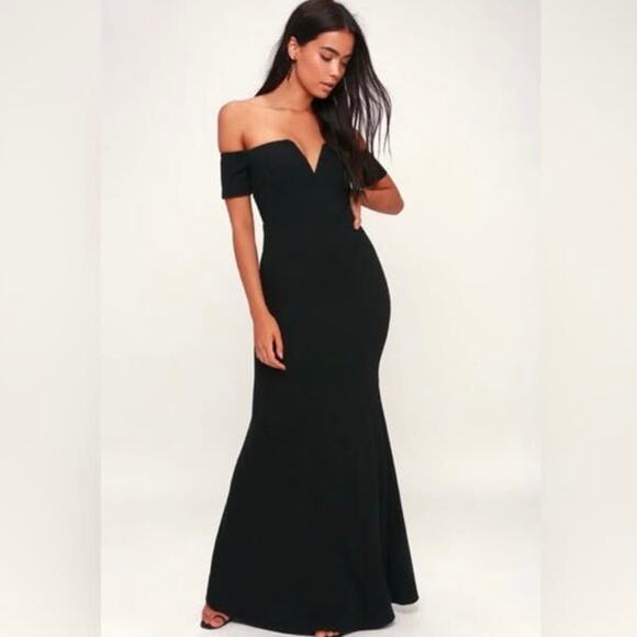 NWT Lulus Lynne Black Off-the-Shoulder Stretch Crepe Maxi Dress Gown XS - Picture 2 of 13